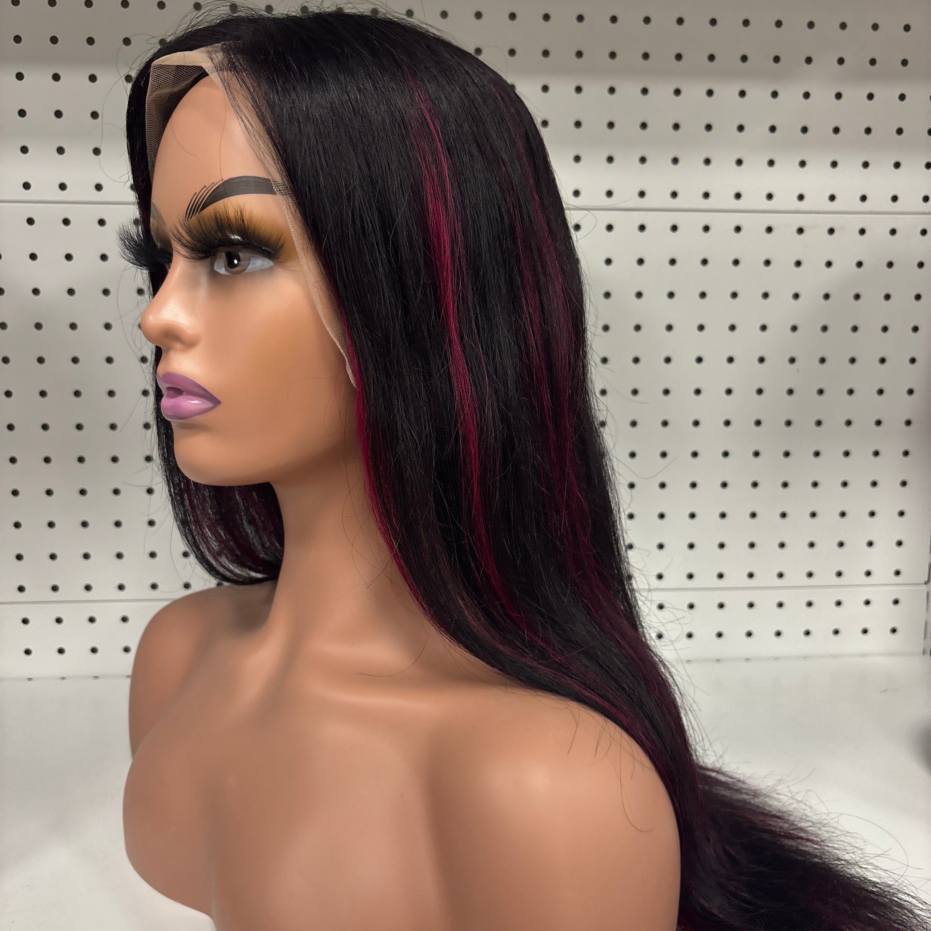 24" Black Straight with Purple Highlights HD Lace Front Wig - Edgy & Elegant