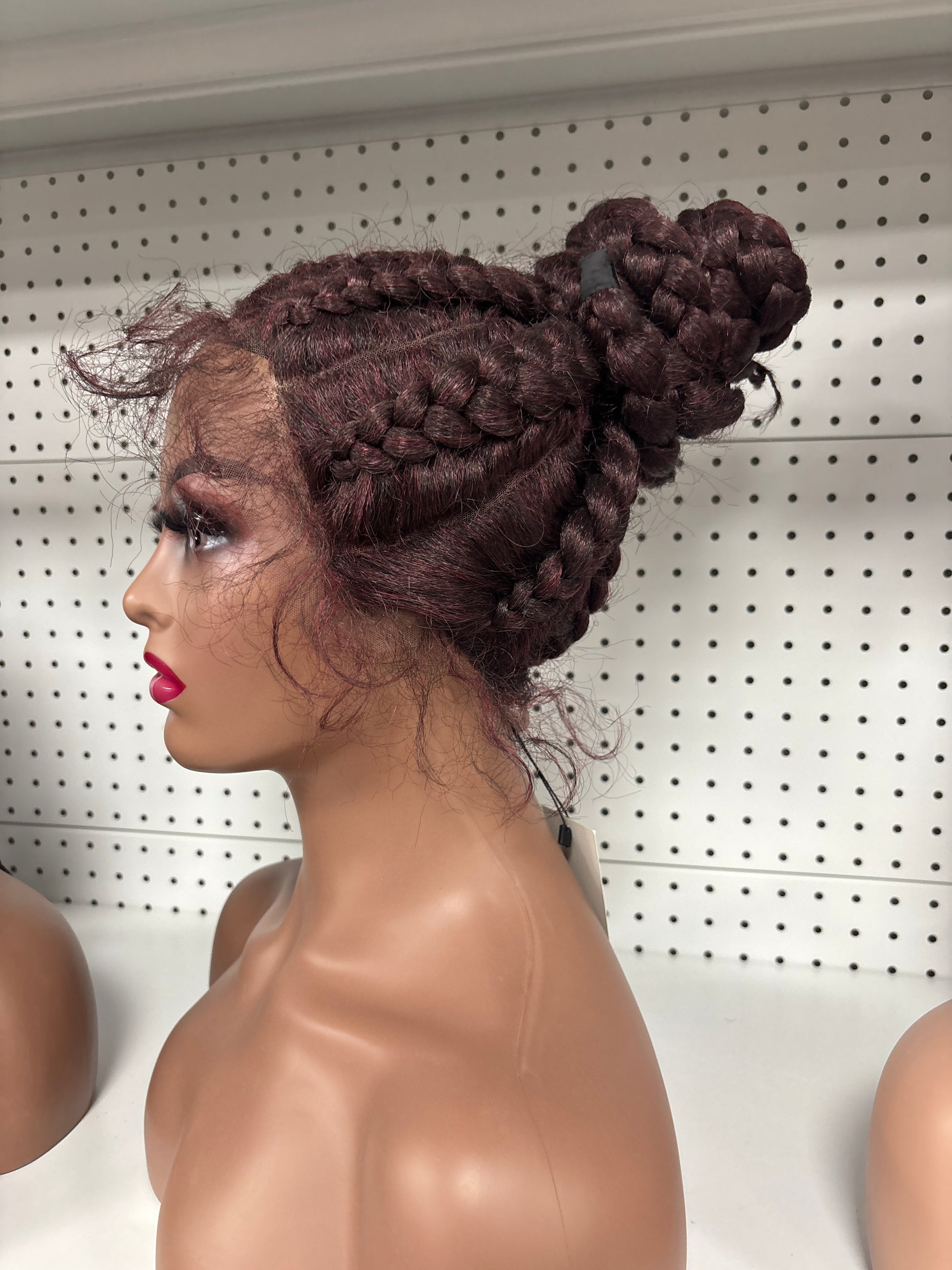 26" Wine Red & Chocolate Brown Ombré Braided High Bun HD Lace Front Wig – Bold & Elegant