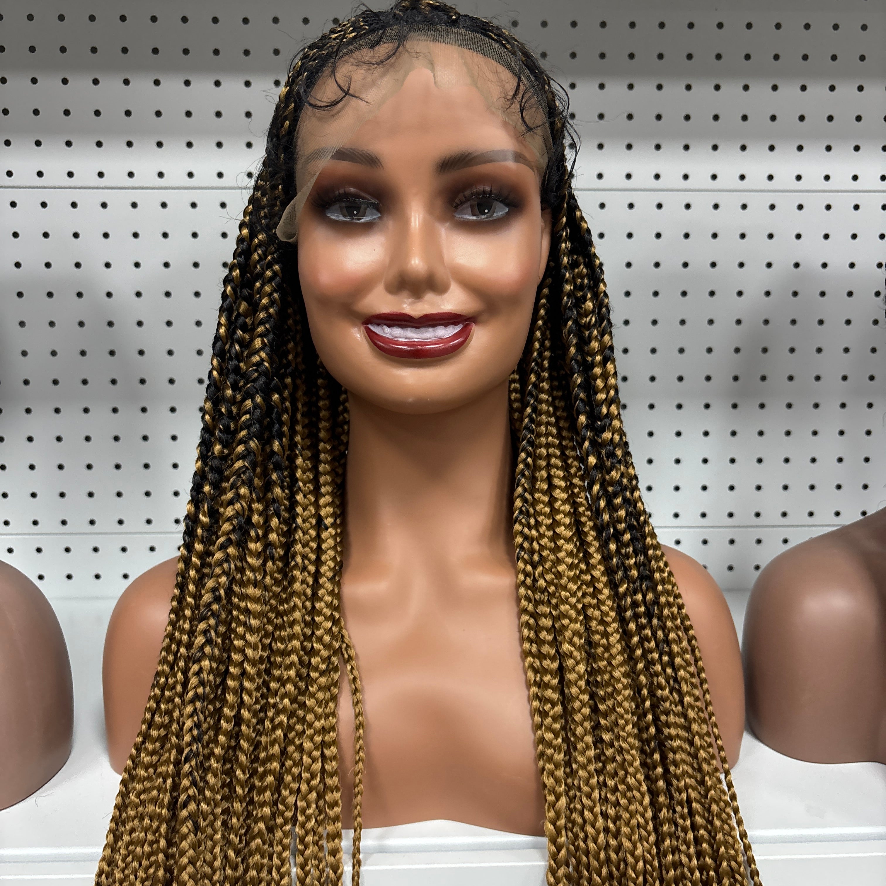 28" Blonde Balayage Braided HD Lace Front Wig – Goddess Length + Curly Bang