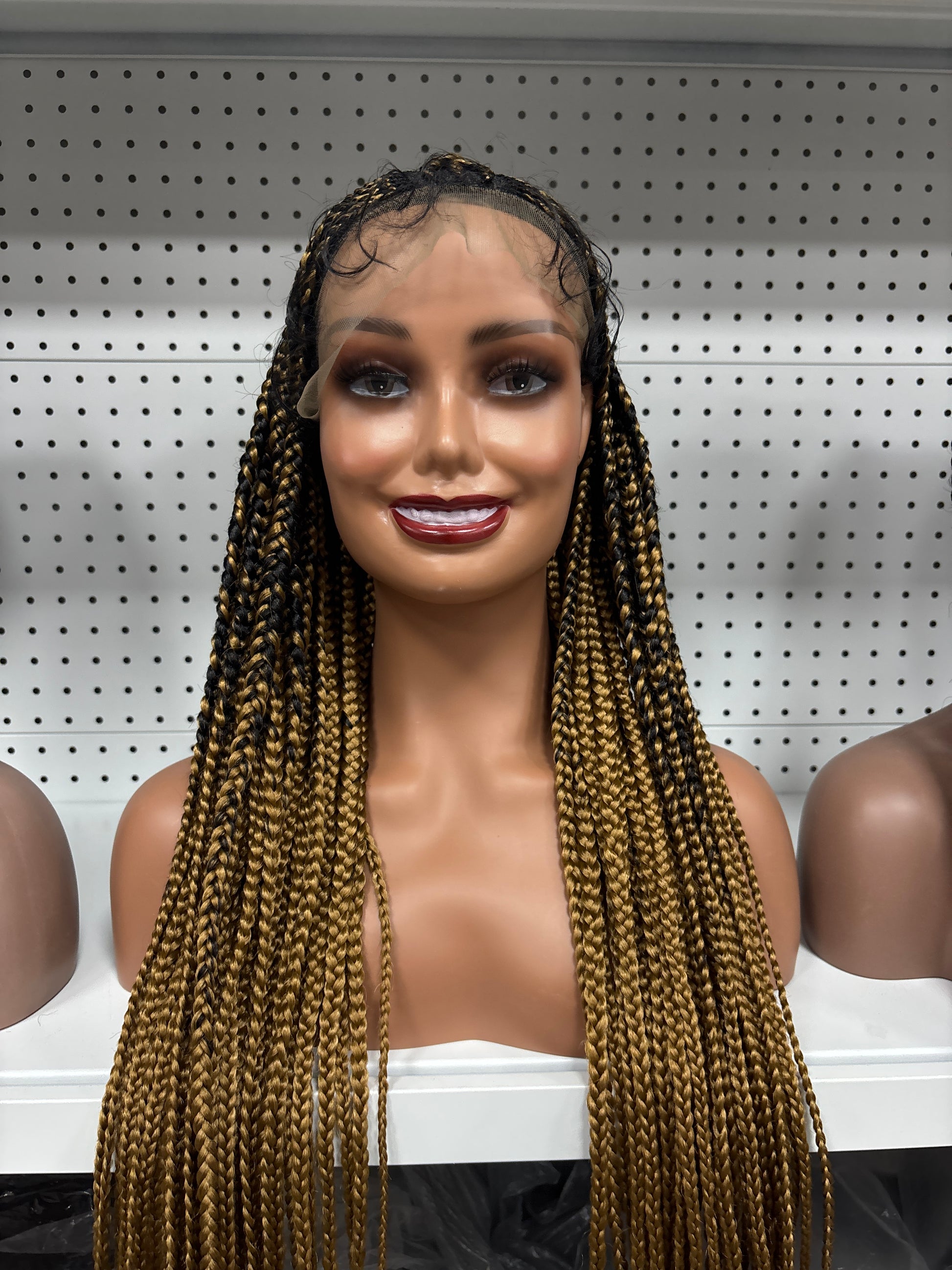 28" Blonde Balayage Braided HD Lace Front Wig – Goddess Length + Curly Bang