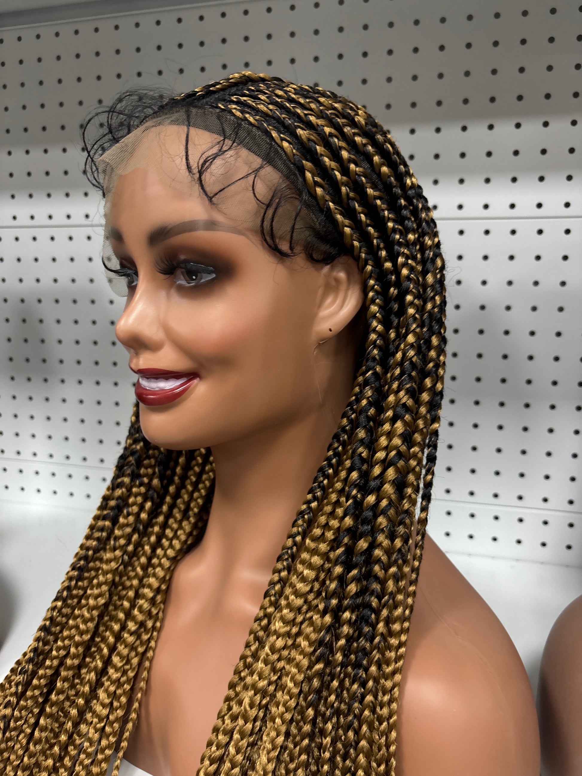 28" Blonde Balayage Braided HD Lace Front Wig – Goddess Length + Curly Bang