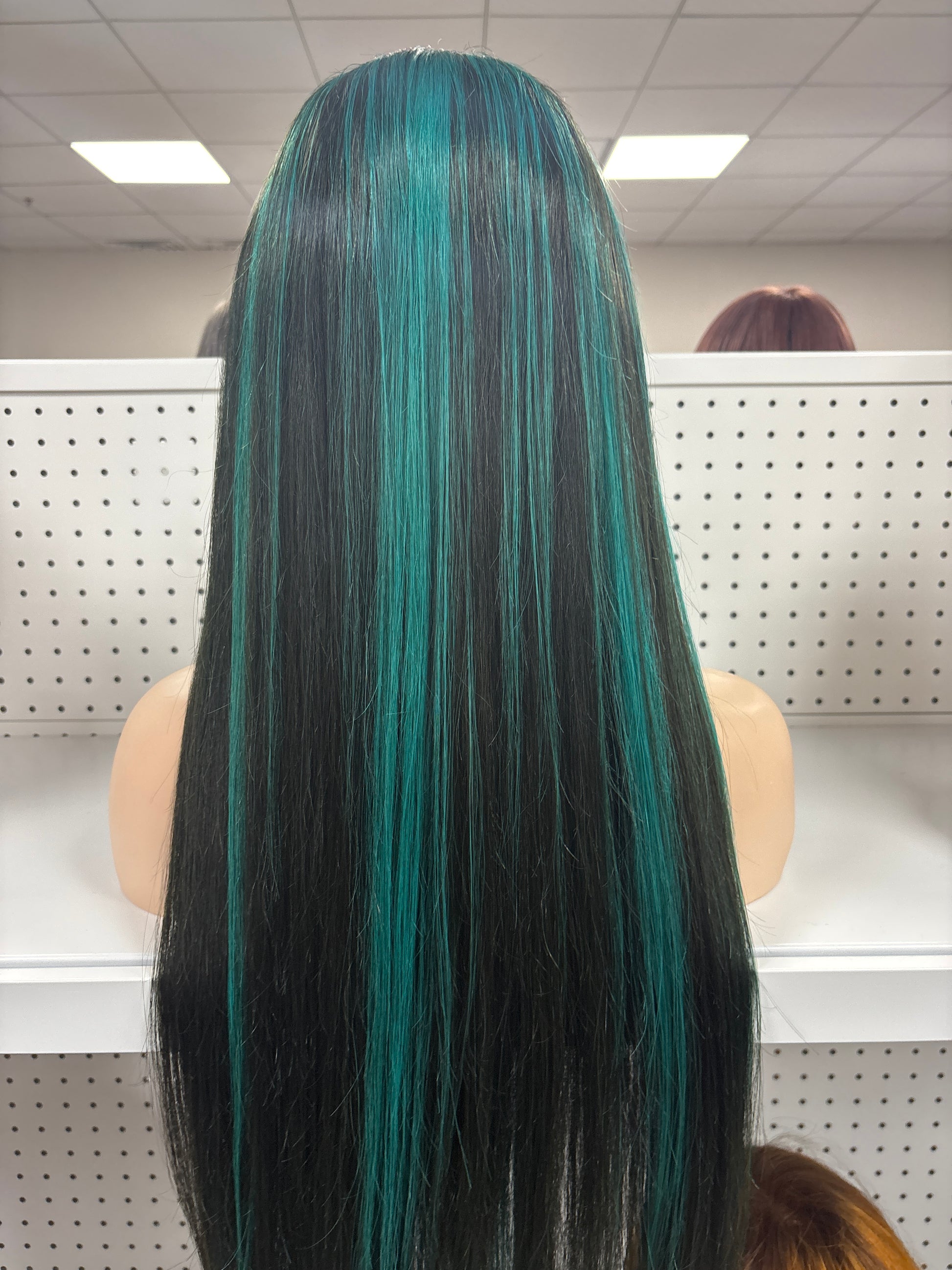 26" Straight Black with Green Highlights HD Lace Front Wig – Edgy & Electrifying