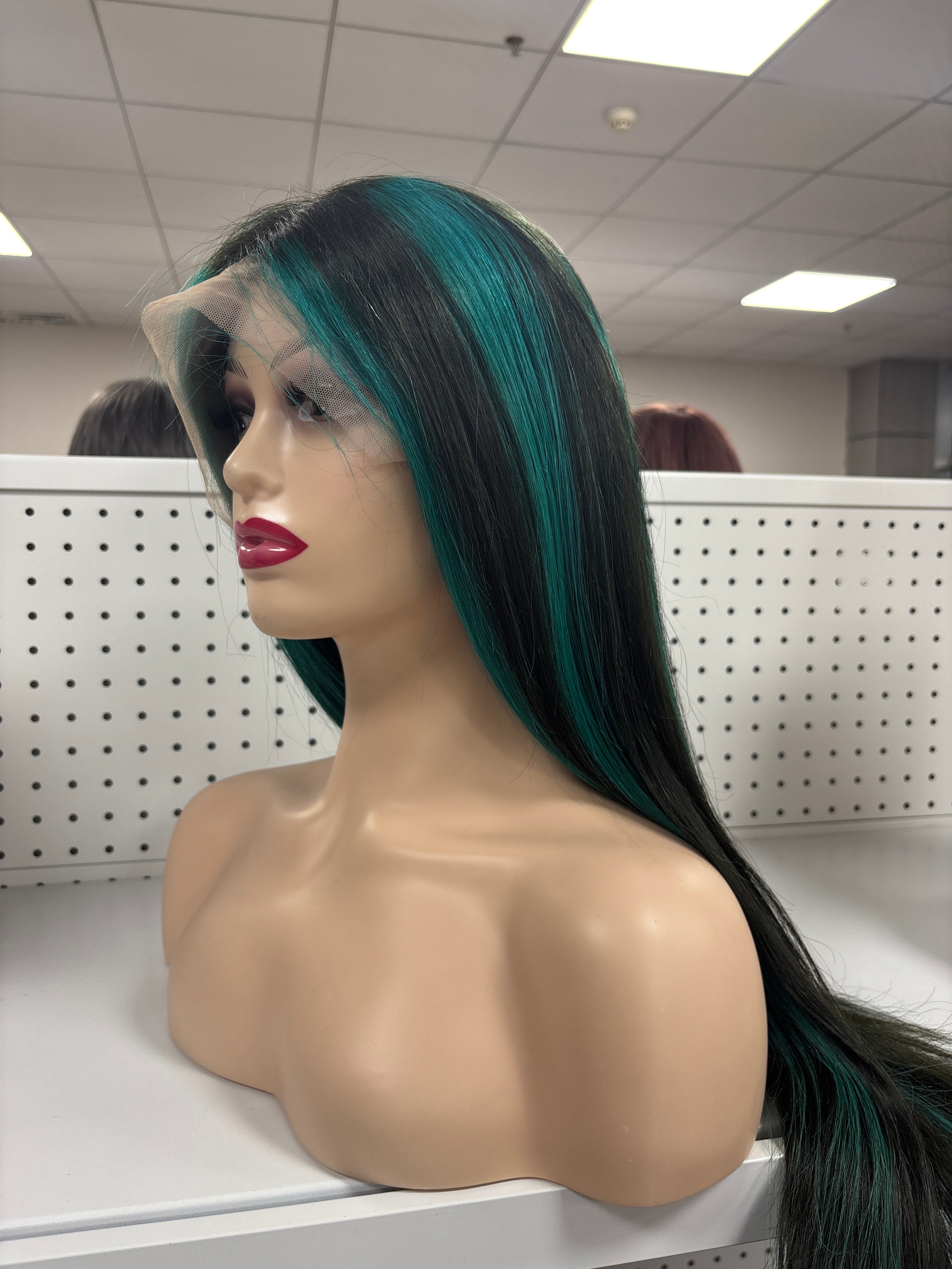 26" Straight Black with Green Highlights HD Lace Front Wig – Edgy & Electrifying
