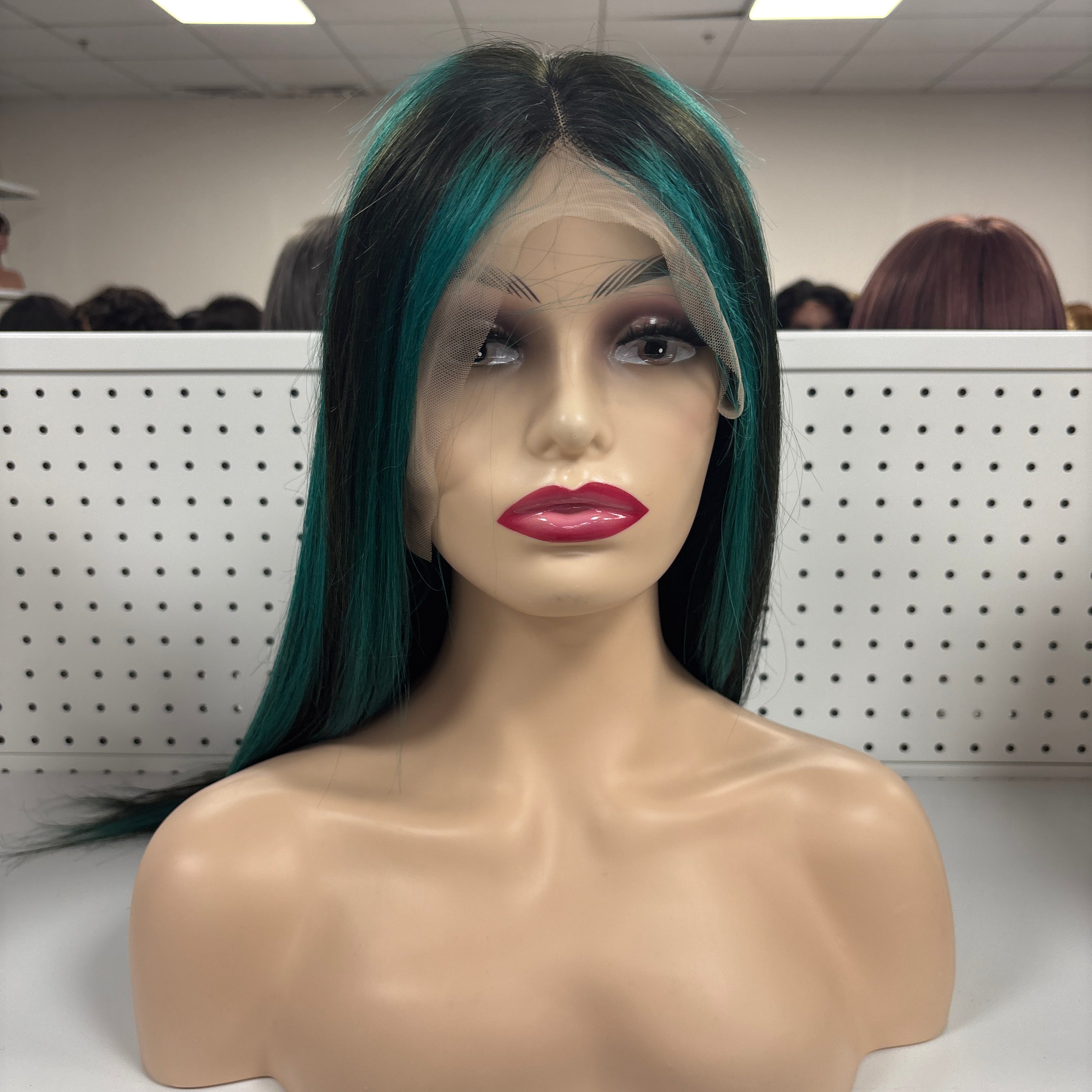 26" Straight Black with Green Highlights HD Lace Front Wig – Edgy & Electrifying