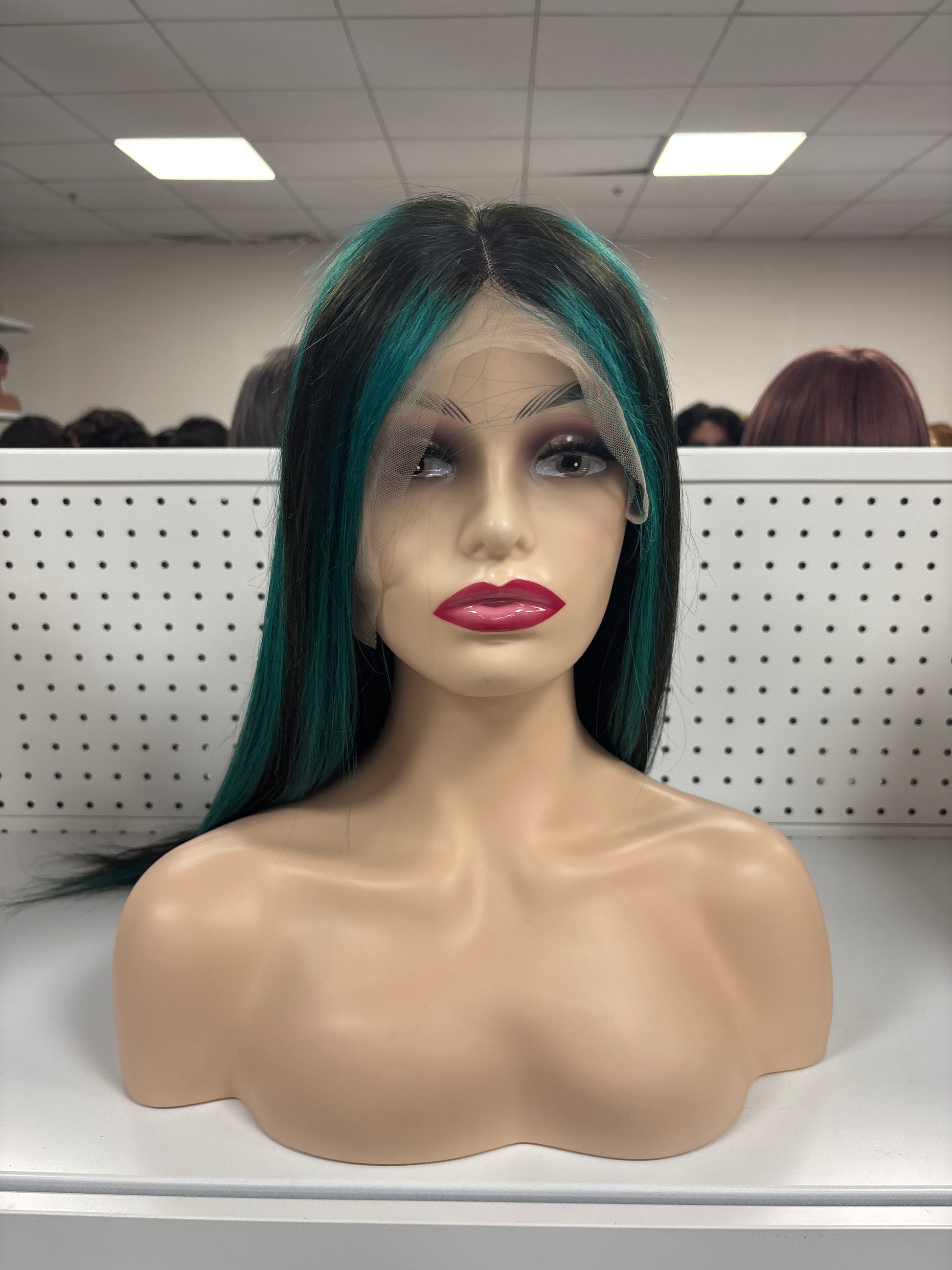 26" Straight Black with Green Highlights HD Lace Front Wig – Edgy & Electrifying